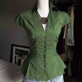 LIZAKOSHT - Y2k Short Blouses V Neck Solid Green Spring Summer Vintage Women Shirts Japanese Style Versatile Blusas Mujer