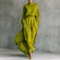 LIZAKOSHT - Autumn Long Sleeve Turtleneck Pullover Top +Maxi Skirts 2 Pieces Sets Retro Solid Cotton Linen Pleated Suit Fashion Woman Outfit