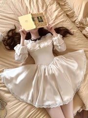 LIZAKOSHT - Elegant White Short Dresses for Women Lace Ruffles O-neck A-line Princess Dress French Birthday Party One Piece Mini Vestidos