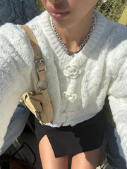 LIZAKOSHT - Fashion 3d Flower Solid Knitted Cardigan Women's Elegant O-neck Short Loose Sweater Autumn Female Commute Chic Outerwears