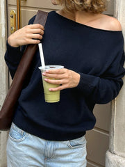 LIZAKOSHT - Skew Collar Solid Knit Pullovers Autumn Fashion Casual Loose Sweaters All-match Korean Chic Women's Outfits 90s