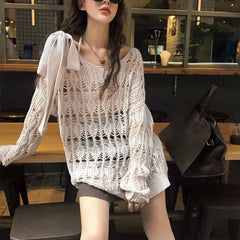 LIZAKOSHT - Coquette Y2k Women's Sweater Hollow out Knitwear Spring Oversize Knit Off The Shoulder Pullovers Streetwear Vintage