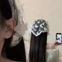 LIZAKOSHT  -  Vintage Triangular Hair Scarf Headband Lace Butterfly Hairscarf Women Sweet Pastoral Headdress Y2K Korean French Headwears