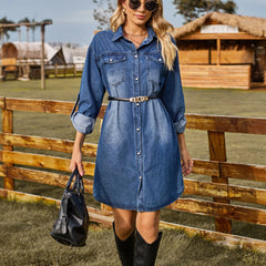 LIZAKOSHT - Casual Lapel Long Sleeve Blue Denim Shirt Dresses for Women Robe Vintage Washed Loose Straight Mini Dress Boho Vestidos