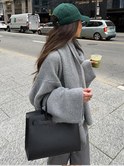 LIZAKOSHT - Women Fashion Grey Cropped Oversized Knitted Pullover Chic Scarf Collar Long Sleeve Loose Sweater Lady High Street Jumpers