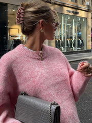 LIZAKOSHT - Casual Oversize Pink Women's Cashmere Base Sweater Fashion Long Sleeve Solid Round Collar Pullover New Lady High Streetwear