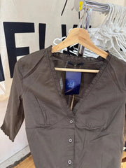 LIZAKOSHT - Ruffles Three Quarter Sleeve T-shirt Blouse Woman Autumn V-neck Single Breasted Cotton Slim Casual Shirts Brown Vintage Tops