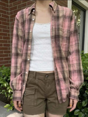 LIZAKOSHT - Casual Women Single-breasted Loose Shirts Summer Vintage Polo Neck Long Sleeves Plaid Printed Shirts Female Chic Tops