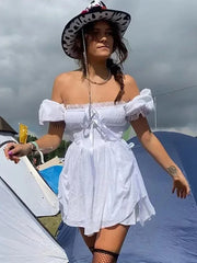 LIZAKOSHT White Sexy Tie Up Puff Sleeve Cotton Summer Women Dress Vintage Lace Dress Petite Beach Mini Backless Short Dress Vestido Mujer
