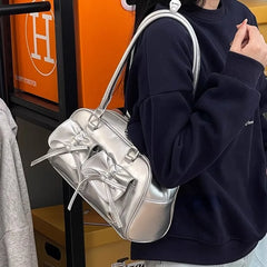 LIZAKOSHT - Silver Pleated Womens Shoulder Bag Elegant Gentle Korean Fashion Leather Handbag Bow Sweet New Simple Ladies Boston Bag