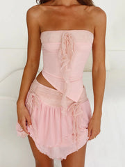 LIZAKOSHT - Women Sexy Two Piece Outfit Dress Sets Fairy Lace Flower Sleeveless Crop Tops+Low Waist Mini Skirts Y2k Clothes