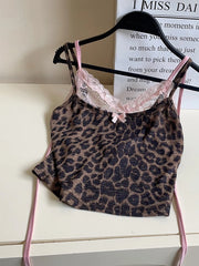 LIZAKOSHT - Summer Women Korean Ballet Core Fake Two Pieces Camisole Coquette Dark Academia Leopard Print Crop Top Gyaru 2000s Aesthetic Hot