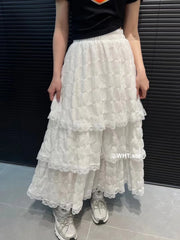 LIZAKOSHT - Spring Summer Wrinkled White Black Pleated Skirt Women Korean Vintage High Waisted Splice Lace Skirts Long falda plisada