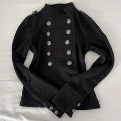 LIZAKOSHT - Y2K Women Vintage Black Hot Girl Jacket Stand Collar Double Breasted Metal Buttons Slim Coat Harajuku Winter Gothic Sweatshirt