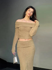 LIZAKOSHT - Off-shoulder Pleated Striped Women's Tops Skirts Sets Elegant Solid Color Long Sleeve Pullover Women Casual Long Skirt Set