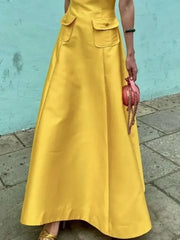 LIZAKOSHT - Female Stylish Selection Elegant Yellow Evening Dresses Women New Summer Short Sleeves Pockets Party A-Line Dress