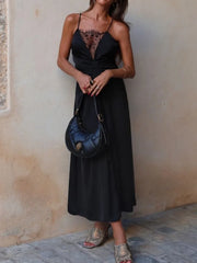 LIZAKOSHT - New Fashion Backless Black Party Dress for Women Sleeveless Sexy Lace V-neck Decorative Long Dress Female Long Dress Elegant