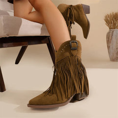 LIZAKOSHT - EUR Size 43 Black Square Heels Ankle Boots Women Brown Pointy Toe Fringes Cowboy Boots Gypsy Tassels Western Boots Shoes