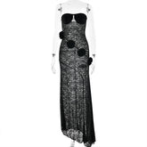LIZAKOSHT - Summer Lace Strapless 3D Flowers Appliques Long Sleeveless Prom Club Dress See Through Sexy Solid Sheath Dress Vestidos