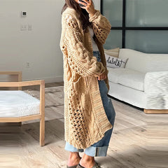 LIZAKOSHT - Casual Solid Color Pocket Coat Ladies Elegant V Neck Hollow Knitted Cardigan Autumn Winter Thick Warm Loose Sweater Outwear