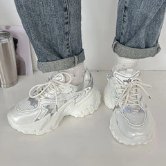 LIZAKOSHT - Fashion Silver Chunky Sneakers Women Autumn Lace Up Platform Sports Shoes Woman Thick Bottom Non Slip Walking Shoes Ladies