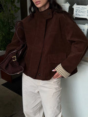 LIZAKOSHT  -  Autumn Chic Plaids Linen Solid Corduroy Coats Elegant Female Stand Collar Zipper Long Sleeves Jacket Fashion Lady Street Outwear