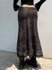 LIZAKOSHT - Casual Leopard Lace Trim Skirts Vintage Mid-Waisted Straight Skirts Women Autumn Sppring Fashion Streetwear Ladies