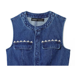 LIZAKOSHT - Denim Vests Jackets Autumn Women's 2025 New Slim O-neck Beaded Elegant Women Jackets Chic Street Youth Casual Denim Jacket Vests