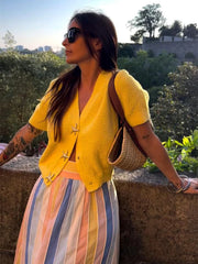 LIZAKOSHT - Knit Solid Women's Cardigan Fashion Loose Single-breasted Short Sleeve Female Sweater Summer V Neck Lady Knitwear 2025