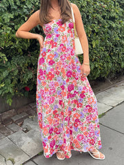 LIZAKOSHT - Elegant Off-Shoulder Maxi Dress with Boho Floral Print and Lace-Up Back Detail for Summer Wedding Party or Vacation Beachwear