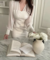 LIZAKOSHT  -  Elegant Square Collar Mesh Puff Sleeve Dresses Slim Waist Bodycon Fishtail Dress for Women Spring Autumn New Vestidos De Mujer