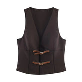 LIZAKOSHT - Vintage Deep Brown Buckle Buttons V neck Waistcoat Women OL Vest Jacket Outfits Casual Vacation Loose Tops