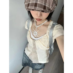LIZAKOSHT - Y2K Vintage Women's Blouse See Through Short Sleeve Slim Shirts Japanese 2000s Style Summer Gyaru Streetwear Cardigan