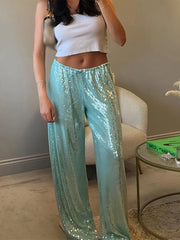 LIZAKOSHT - Chic Sequined Long Pants For Women High Waist Lace Up Ankle-length Loose Trousers 2025 Spring Summer Fashion Female Y2k Pant