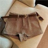 LIZAKOSHT - Vintage Plaid Suit Shorts Women High Waist Casual Belt All Match Wide Leg Shorts Early Autumn Preppy Student Straight Shorts New