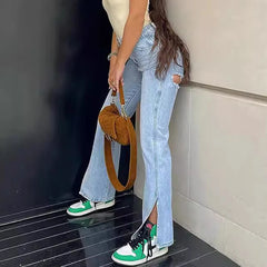 LIZAKOSHT - Slit Flared Jeans For Women Spring And Summer New Style High-waisted Slimming Petite Split Jeans Women's Straight Pants