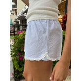 LIZAKOSHT - Y2k Lace Bowknot Blue Shorts Stripes Patchwork Buttons Decor Short Pants Casual Elastic Waist Shorts Loose Sleep Short For Women