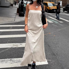 LIZAKOSHT - Spring and Summer Commuting Khaki Cotton and Linen Suspender Dress Women's Fashion Loose A-shaped Long Dress