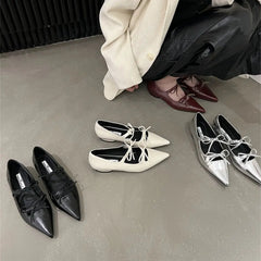 LIZAKOSHT - Pointed Toe Women Flats Loafers Black White Silver Wine red Fashion Dress Shoes Woman Flat Heeled Bow Design Slip On Party Shoes
