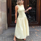 LIZAKOSHT - Summer New Women's French Sleeveless Round Neck Tank Top Dress Advanced Sense Slimming and Wrinkle Splicing Casual Long Dresses