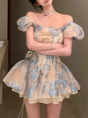 LIZAKOSHT - Square Neck Elegant Sweet New Dress Women Fairy Bow Party Mini Dress Female Short Sleeve Print Fashion Boho Beach Dress Summer