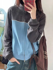 LIZAKOSHT  -  Korean Hippie Blue Zip Up Sweatshirt Women Harajuku Kpop Oversize Hoodie Female Tracksuit  Streetwear Patchwork Tops