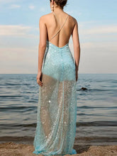 LIZAKOSHT - Fashion Solid Sequined Slip Maxi Dress For Women Sexy Sleeveless Backless Floor-length Dress Lady Shinning Evening Vestidos