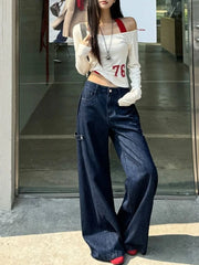 LIZAKOSHT - Aesthetic Vintage New Hot Girl Jeans Women High Street Design Loose Low-waist Wide-leg Pants Female Y2k Retro Cowboy Trousers