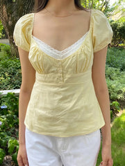 LIZAKOSHT - Yellow Lace Trim T-Shirt Blouse Women Three Buttons Square Neck Puff Sleeve Cotton Tee Shirt Summer Sweet Cute Crop Tops Y2k New