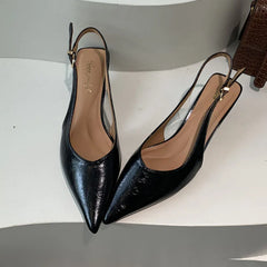 LIZAKOSHT - Black Summer New Women Sandal Fashion Pointed Toe Shallow Slip On Ladies Elegant Slingback Shoes Thin Med Heel Dress Mules