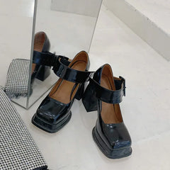 LIZAKOSHT - New Retro Mary Jane High Heels Women Shoes Fashion Chunky Heel Pumps Platform Ankle Buckle Japanese Uniform Ladies Shoes