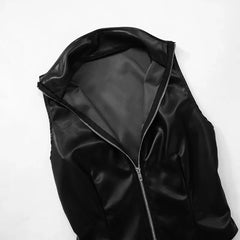 LIZAKOSHT - Black PU Leather Vests Women Fashion Turn Down Collar Sleeveless Zip-up Slim Crop Tank Top All Matching Streetwear Casual Outfit