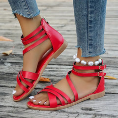 LIZAKOSHT - Cross Low Sandals Woman Leather Suit Female Beige Large Size Round Toe Shoes 2025 Summer Low-heeled Black Closed Fashion Big Bea