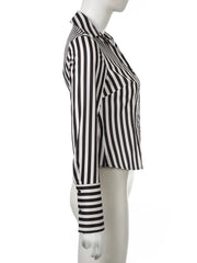 LIZAKOSHT - Black White Striped Shirts Vintage Button Up Long Sleeve Crop Top Aesthetic Elegant Streetwear Y2k Casual All Match Top